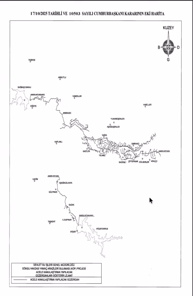17 Ekim 2025 tarihli Cumhurbaşkanı Kararıyla Göksu Havzası Yamga Arazileri Sulaması (KOP) Projesi kapsamında acele kamulaştırılacak taşınmazları gösteren DSİ haritası