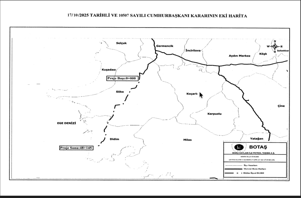 17 Ekim 2025 tarihli Cumhurbaşkanı Kararı kapsamında Didim Doğal Gaz Boru Hattı Projesi güzergahında acele kamulaştırılacak taşınmazları gösteren BOTAŞ haritası