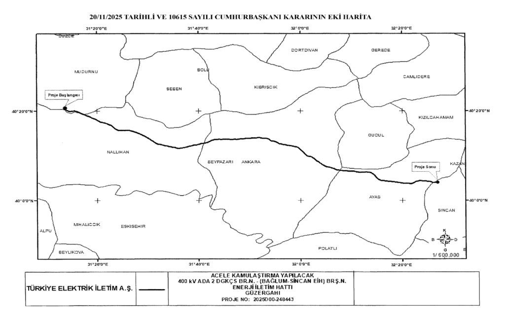 400 kV Ada 2 DGKÇS Br.N.-Bağlum-Sincan enerji iletim hattı acele kamulaştırma güzergâh haritası