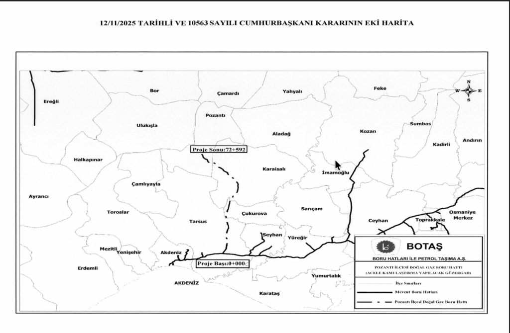 “Pozantı İlçesi Doğal Gaz Boru Hattı Projesi güzergâh haritası – 10563 sayılı acele kamulaştırma kararı (12 Kasım 2025)”