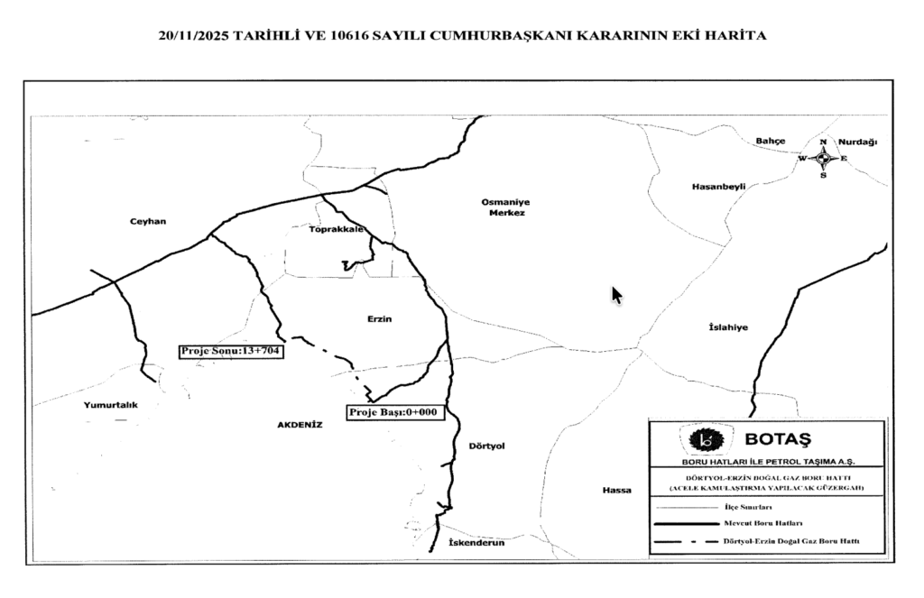 Dörtyol–Erzin Doğal Gaz Boru Hattı acele kamulaştırma güzergâh haritası (2025)