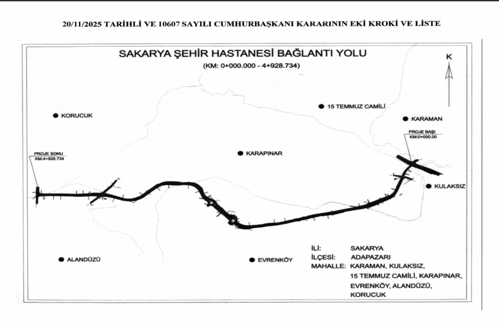 “Sakarya Şehir Hastanesi Bağlantı Yolu acele kamulaştırma haritası (2025)”