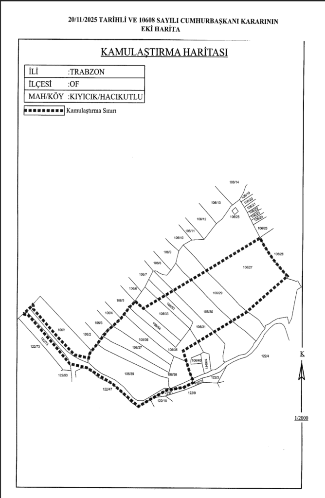 “Trabzon Of Kıyıcık Hacıkutlu Mahallesi acele kamulaştırma sınırı haritası (20 Kasım 2025)”