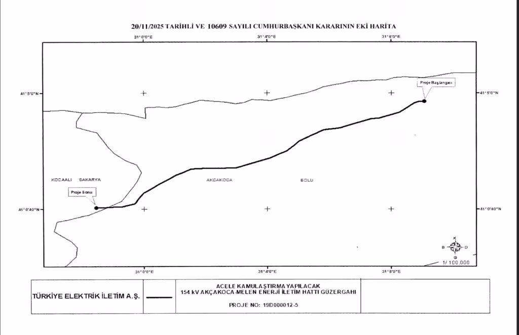 “154 kV Akçakoca–Melen Enerji İletim Hattı Projesi acele kamulaştırma güzergâh haritası”