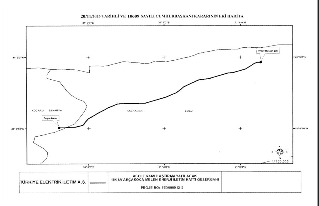 “154 kV Akçakoca–Melen Enerji İletim Hattı Projesi acele kamulaştırma güzergâh haritası”