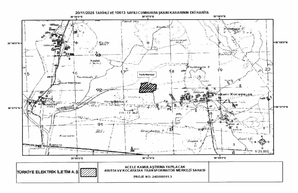 Kocayatak 400/154 kV Trafo Merkezi sahası acele kamulaştırma haritası – TEİAŞ