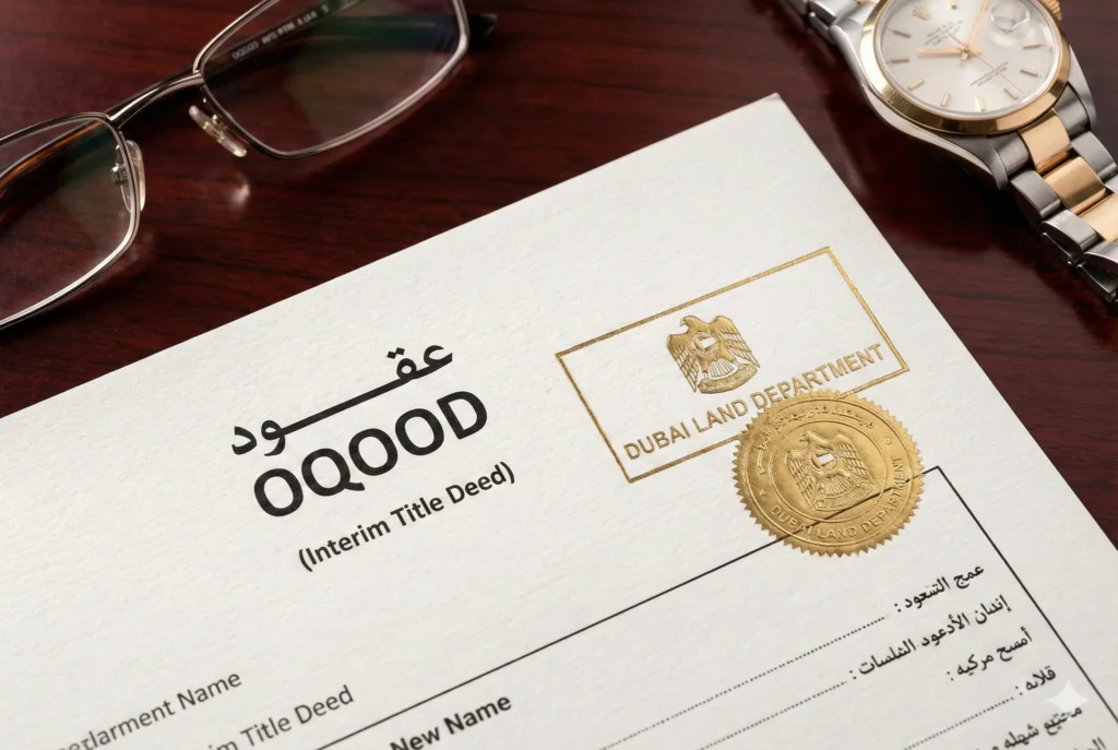 Dubai Oqood geçici tapu belgesi örneği ve mülkiyet tescil damgası.