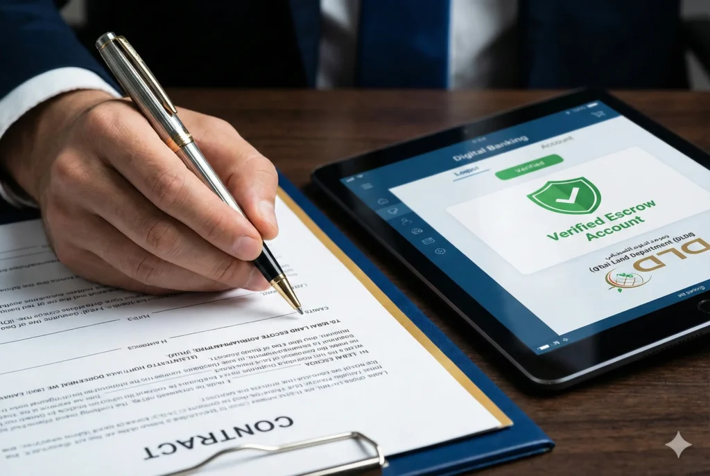 Dubai Land Department (DLD) onaylı Escrow hesap güvenliği, dijital bankacılık ve emlak koruma kalkanı illüstrasyonu.