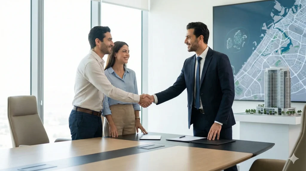 MFY Legal hukuk danışmanları ile modern ofiste gayrimenkul yatırım toplantısı yapan mutlu bir çift.