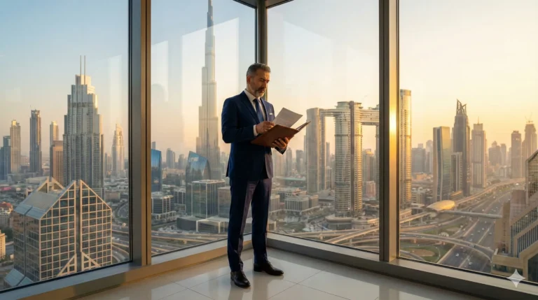 Dubai Downtown manzarasına karşı ofisinde güvenle duran, elinde sözleşme inceleyen profesyonel Türk iş adamı ve arka planda Burj Khalifa.