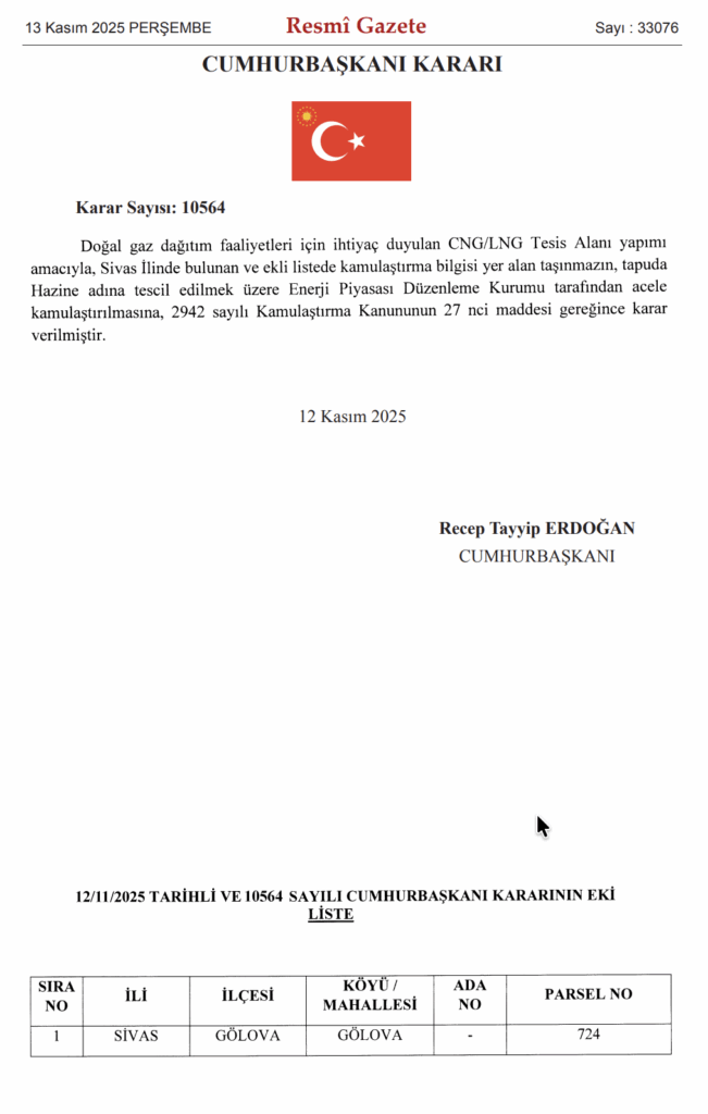 13 Kasım 2025 tarihli Resmî Gazete’de yayımlanan 10564 sayılı Sivas Gölova acele kamulaştırma kararı – CNG/LNG tesis alanı kararı