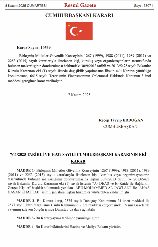 “10539 sayılı Cumhurbaşkanı Kararı – BM yaptırım listesinden çıkarılan Ahmed al-Sharaa ve Enes Khattab ile ilgili Resmî Gazete görüntüsü (8 Kasım 2025)”