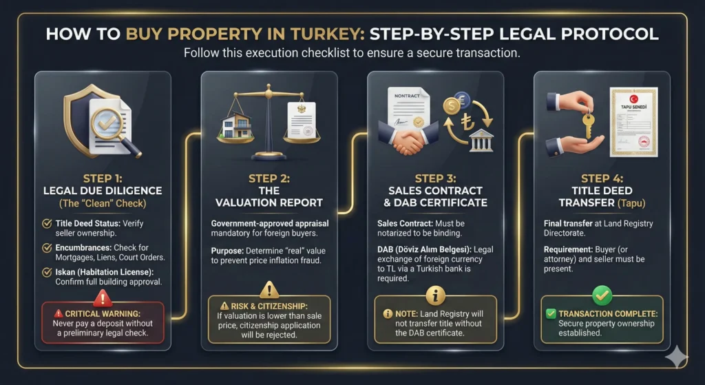 A comprehensive legal protocol infographic detailing the step-by-step process for securely buying property in Turkey. The guide covers four essential stages: Step 1 Legal Due Diligence (checking title deeds and encumbrances), Step 2 The Valuation Report (mandatory government appraisal), Step 3 Sales Contract & DAB Certificate (foreign currency exchange requirement), and Step 4 Title Deed Transfer (Tapu) at the Land Registry. Presented in a professional law firm design.