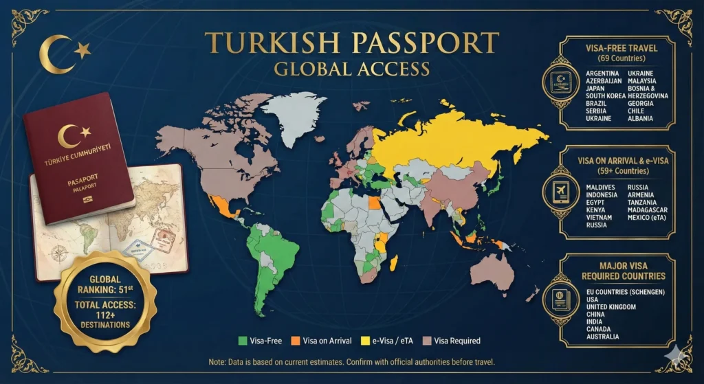 World map highlighting countries that offer visa-free access to Turkish Passport holders in 2025 including Japan and Singapore.
