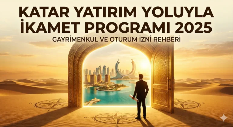 atar Yatırım Yoluyla İkamet Programı 2025: Gayrimenkul ve Oturum İzni Rehberi makalesi için kapak görseli. Çölde açılan devasa altın bir kapıdan modern Doha şehrine, Lusail ve The Pearl adasına bakan takım elbiseli bir yatırımcıyı gösterir.