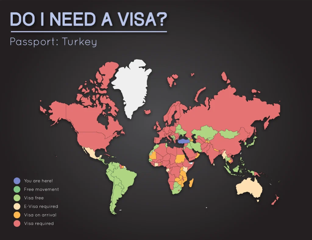World map illustrating visa requirements for Turkish citizens in 2025: Color-coded guide showing Visa-Free, Visa-on-Arrival, and E-Visa destinations globally.